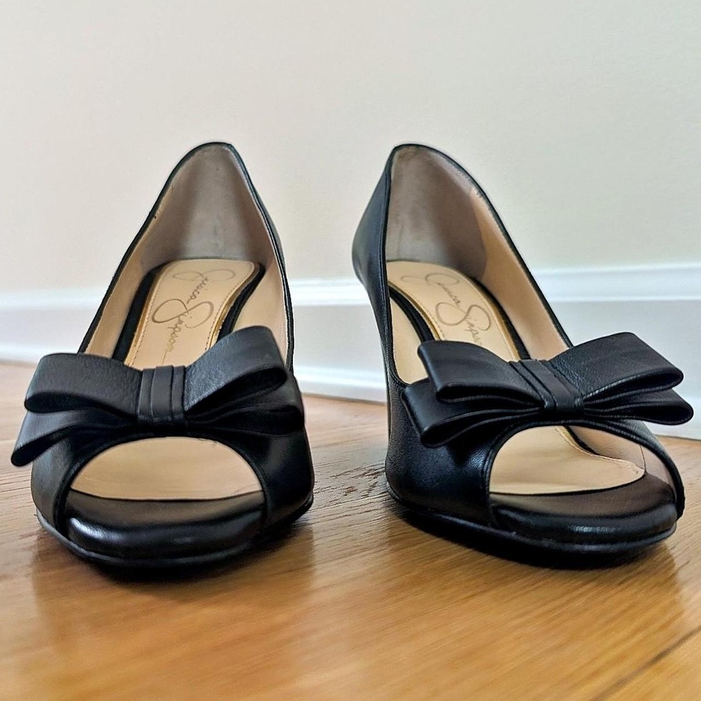 Classic Black Bow Leather Jessica Simpson Peep Toe Heel Wedges